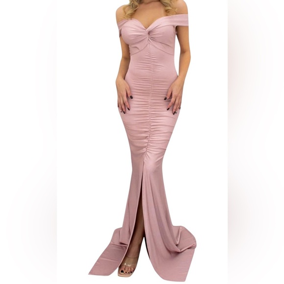 Blue. S Nude Pink Off Shoulder Ruched Jersey Slit Mermaid Dress Size M #137 - Picture 1 of 15